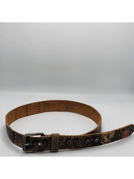Vtg Y2K Ed Hardy Gothic Handmade Leather Belt with Skull Design & Stud Details S main image 10